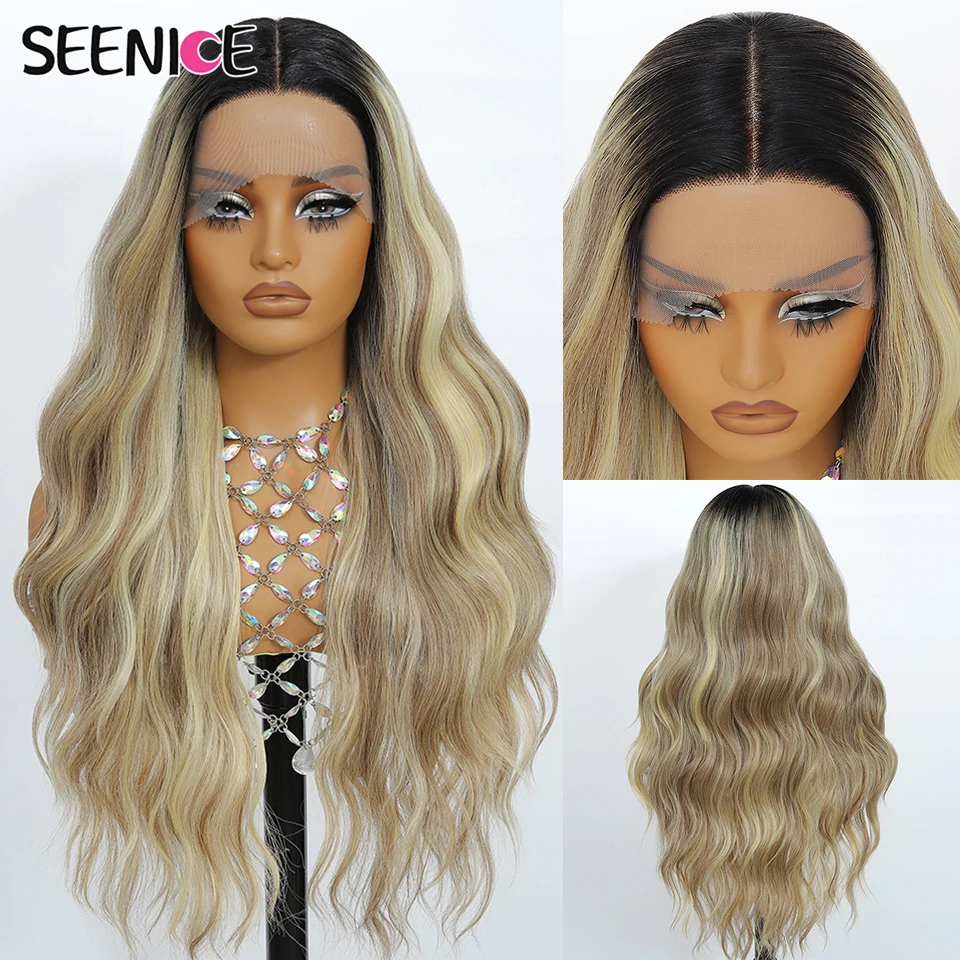 

28inch Mixed Blonde Long Wave Wig for Women T Part Heat Resistant Long Curly Synthetic Natural Fiber Lace Wig for Daily PartyUse