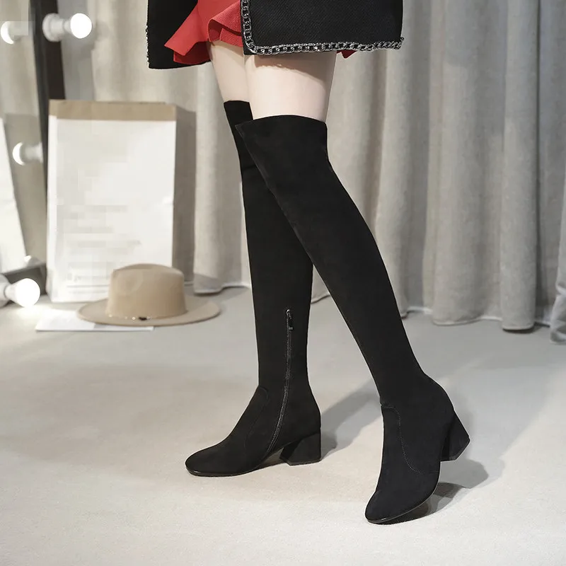 YMECHIC 2023 Suede Woman Flock Over The Knee High Boots Female Chunky High Heels Long Autumn Ridding Botas Ladies Shoes Big Size