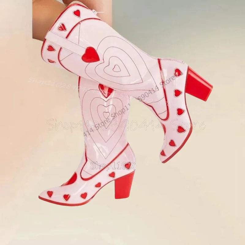 

Mixed Color Heart Pattern Sewing Design Boots Slip On Women Shoes Chunky High Heels Pointed Toe Party 2024 Zapatos Para Mujere