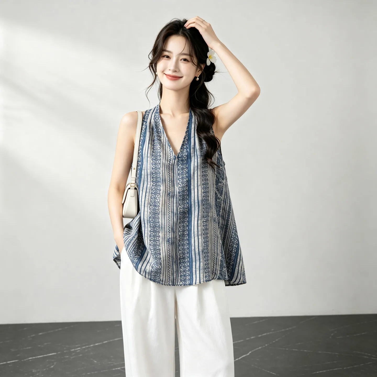 Winsleter-100%Real Silk Double Crepe Elegant Vest, V Neck Print, Women Korean Vacation Commute Loose Vest, 2026 Autumn T68964CC