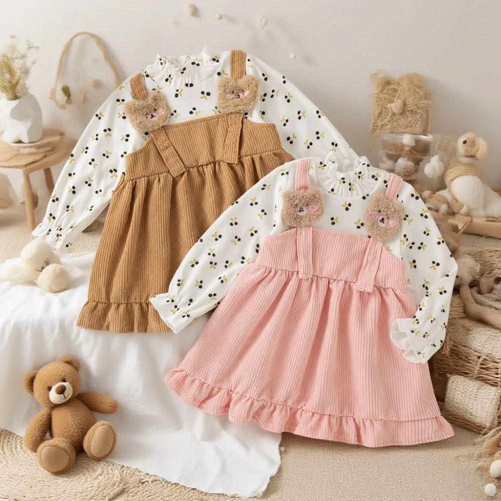 Mädchenkleider Frühling/Herbst Volldruck Blumen Langarm Baby Mädchen Kleider Niedliche Cartoon Baby Kleider Baby Mädchen Kleidung