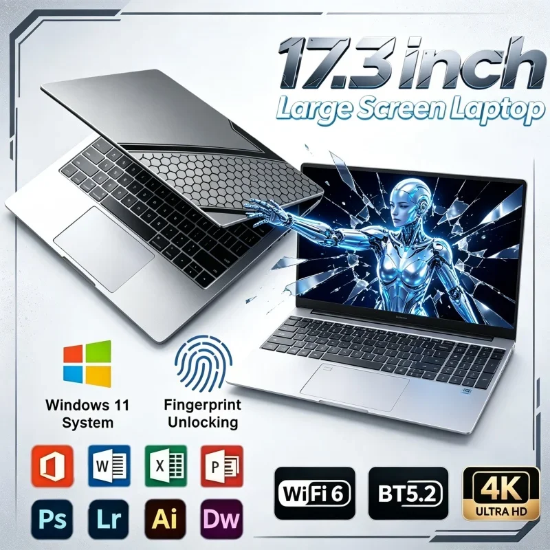 17.3 Inch Big Screen Laptop Computer Intel 6500Y Windows 11 32GB RAM 2TB SSD Fingerprint Unlock Device For Light Game And Study