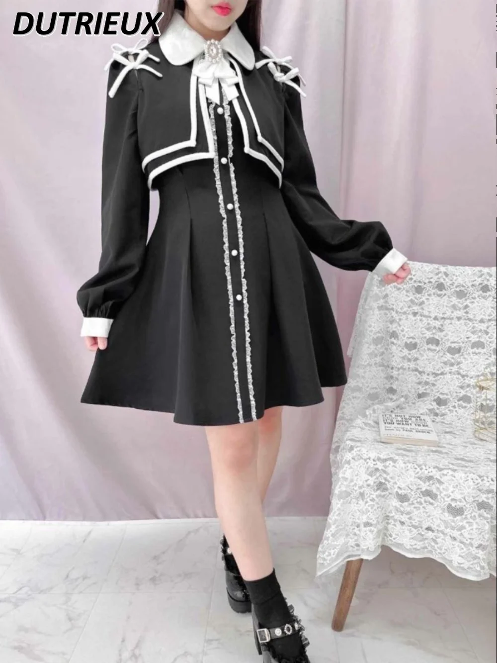 

Japanese Style Spring New Rojita Mine Temperament Sweet Cute Girls Dresses High Waist Long Sleeve Elegant Kawaii Bow Dress