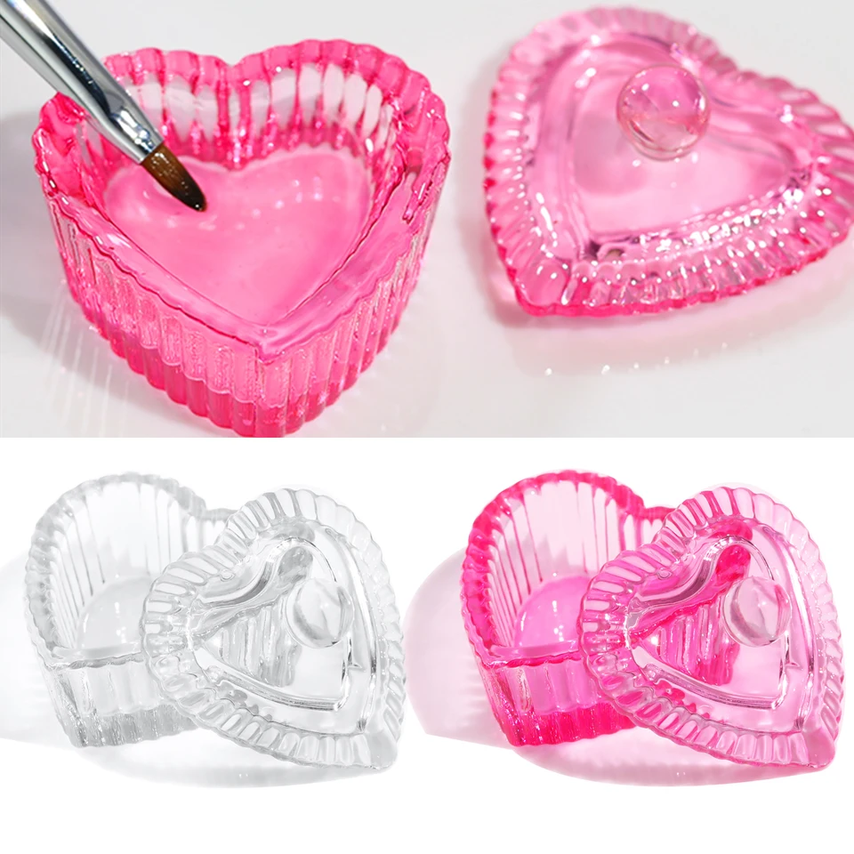1 pieza de contenedor de vidrio rosa con forma de corazón para polvo acrílico o líquido, tapa, taza o tazón para manicura
