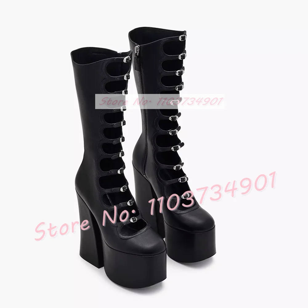 Pink Satin Platform Strappy Buckle Strap Mid Calf Boots Ladies Round Toe Slim Chunky High Heel Sexy Women Shoes Trendy Boots