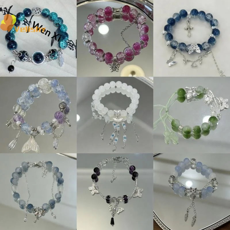 Fashion Chinese Style Crystal Beads Bracelet For Women Girls Sweet Butterfly Feather Tassel Charm Bracelet Party Wedding Jewelry