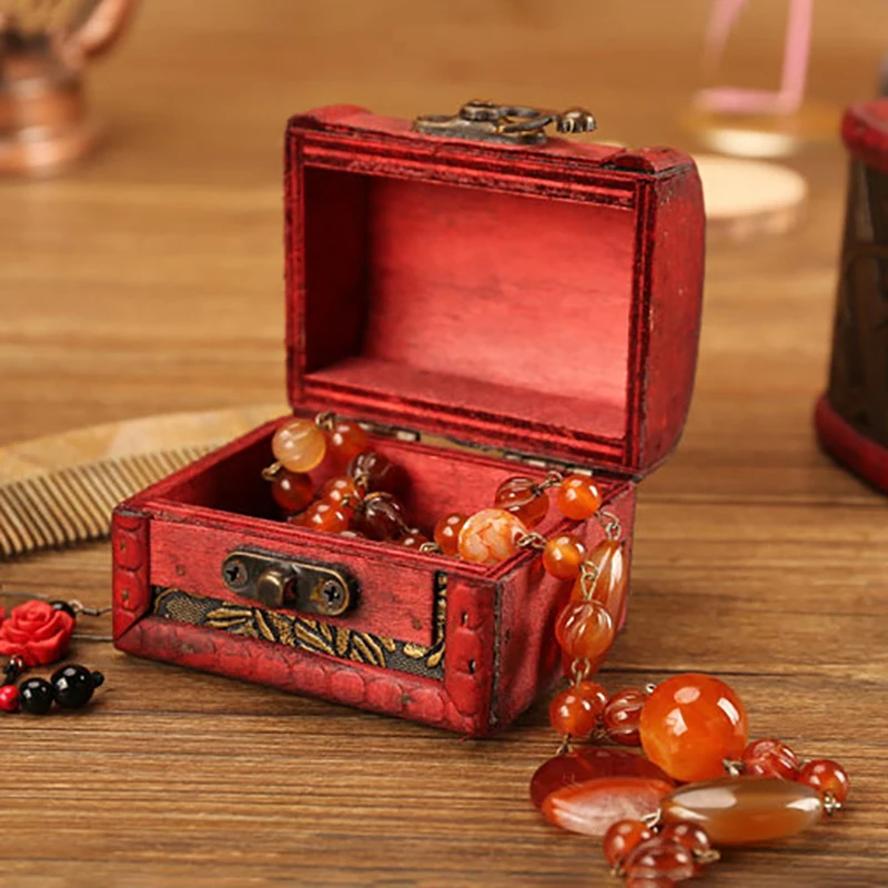 1PC Antique Mini Wood Treasure Chest Storage Box Jewelry Organizer Box Gift Box Chinese Classical Antique Small Box