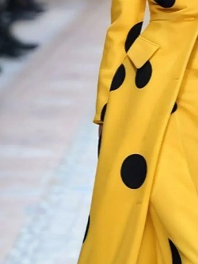 Gymystars Polka-Dot Woolen Coat Women's Long Jacket 2026 New Split-Joint Long Sleeves Lapel Elegant Yellow Outerwears Female view 3