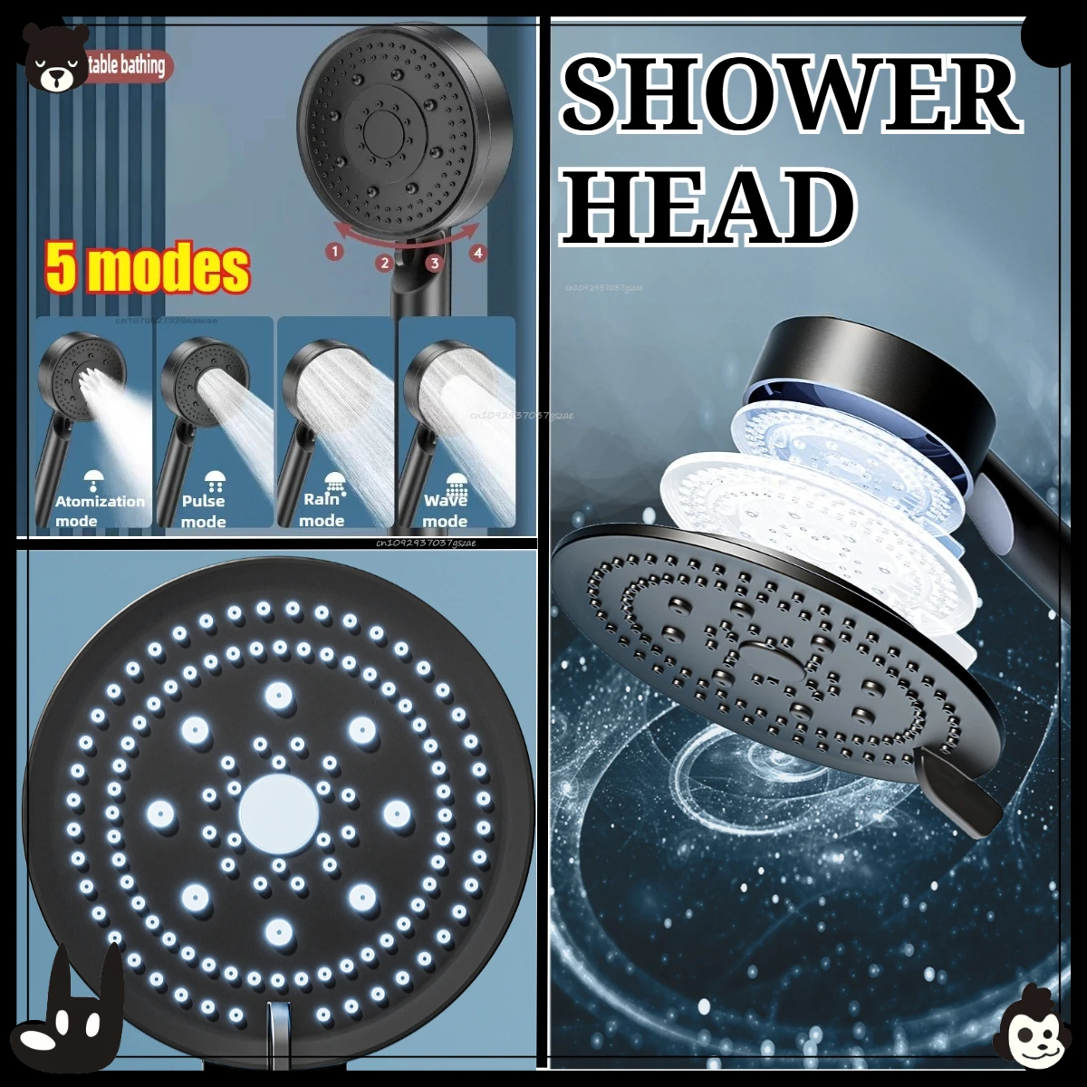 

Black 5 Modes Shower Head Adjustable High Pressure Water Saving Shower Head Water Massage Shower Head Bathroom Accessories