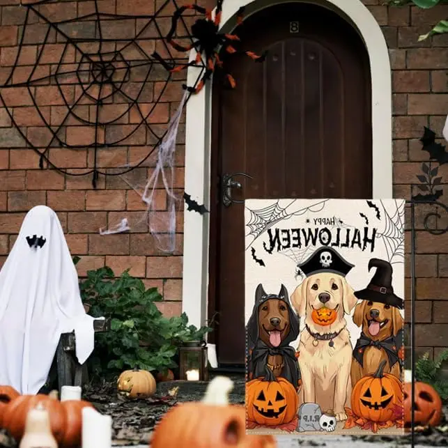 Halloween Dog Garden Flag 12x18 Vertical Double Sided Happy Halloween Pumpkin Holiday Outside Decorations Burlap Yard Flag WWP