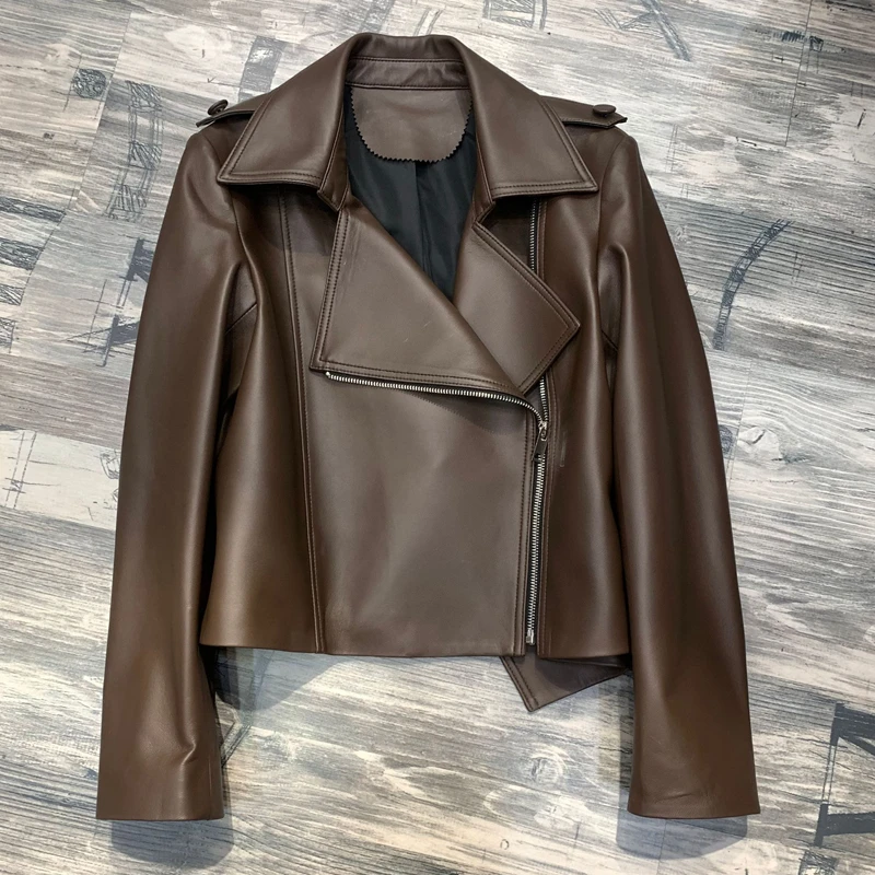 Spring Genuine Lambskin Biker Short Brown Black Leather Jacket Women