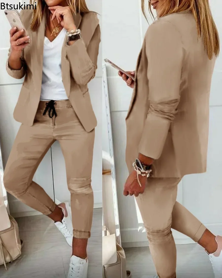 2025 frauen Zwei Stück Hosen Anzug Set Outfits Frühling Herbst Drehen Unten Druck Blazer Mantel Kordelzug Hosen Anzug Frauen Casual Sets