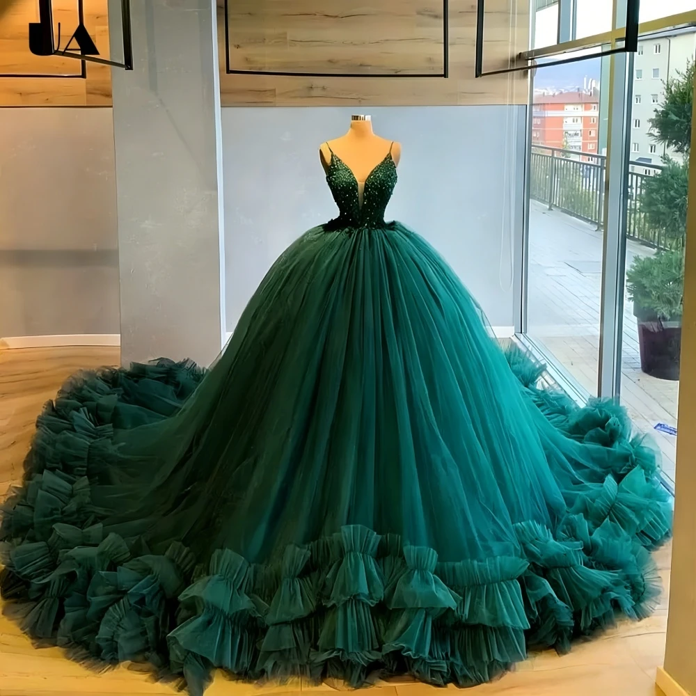 

ULBYANRY Customized Tiered Ruffled Mesh Sweet 15 Dress Elegant V-neck Spaghetti Straps Quinceanera Dress Formal Solid Prom Dress