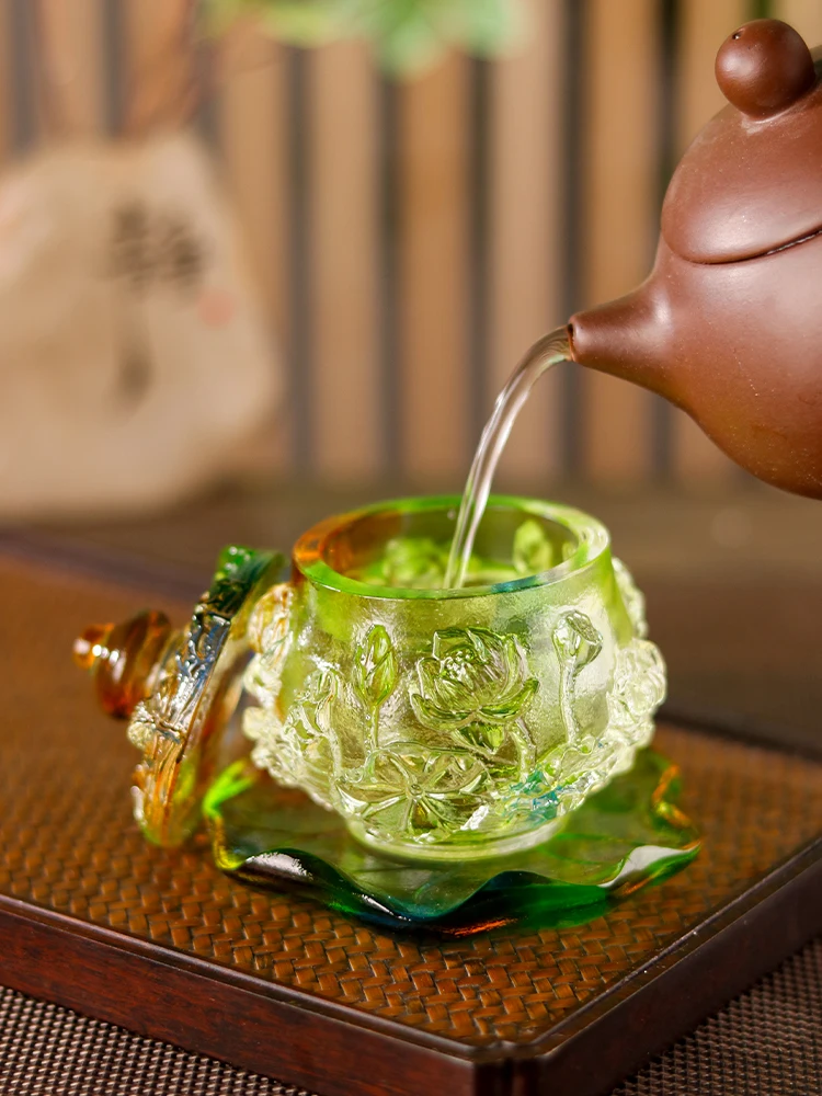 Ancient glass lotus water supply cup, lotus crafts placed in the living room