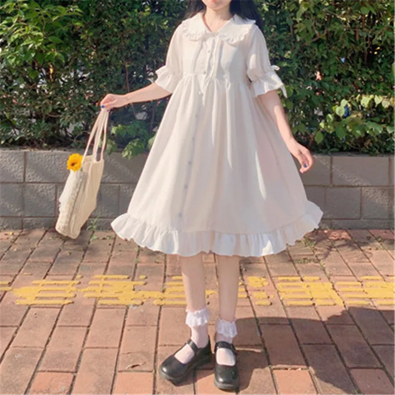 

2022 Japanese Lolita Style Summer Women White Dress Peter Pan Collar High Waist Loose Dress Flare Sleeve Party Cute Kawaii Dress