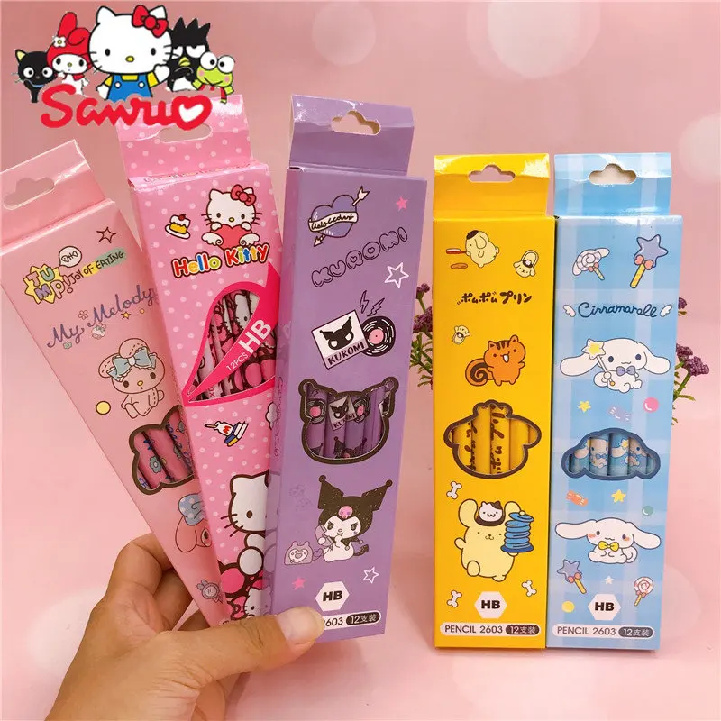 1Box(12Pc) Sanrio Kuromi Hello Kitty Melody Cinnamoroll Pochacco Cartoon Pencil HB Writing Pen for School Students Gift Prizes