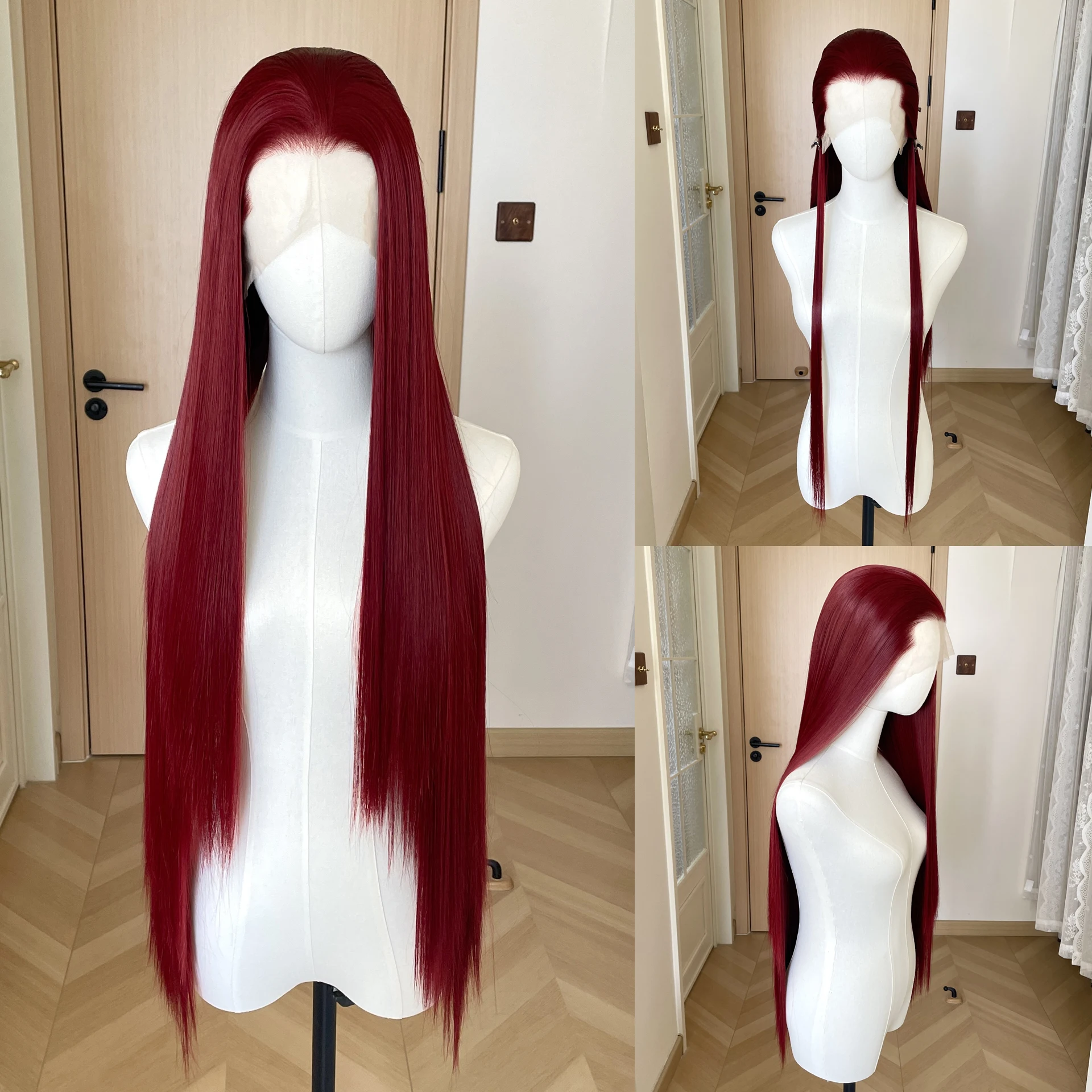 Darker Red 13x4 Synthetic Lace Front Wigs for Women 32 Inch Extra Long Straight Wigs Widow's Peak Elf Cosplay Wigs Natural 150%