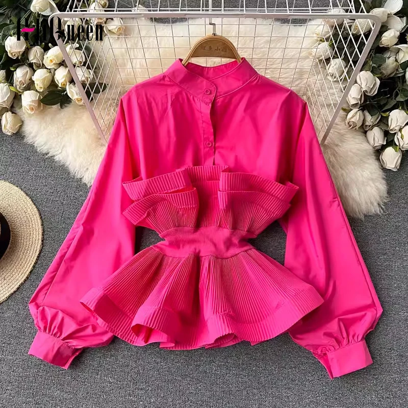 

Korean Women Sweet Pink Puff Long Sleeve Shirt Pleated Ruffle Blouse Patchwork Temperament Y2k Top Slim Waist Shirt Sweet Summer