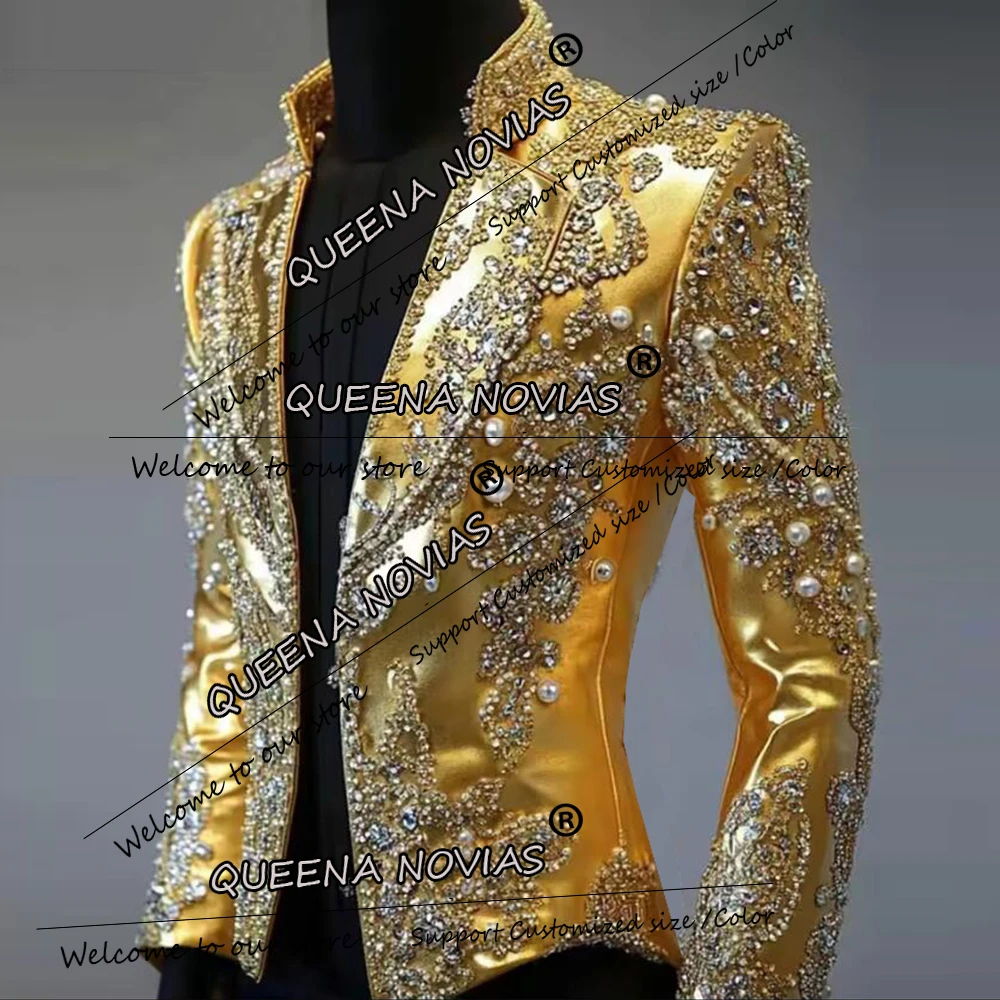 Male Fashion Beaded Pearls Men's Suit Jackets 1 Piece Notched Label Prom Blazers Customized Groom Formal Party Wedding Tuxedos