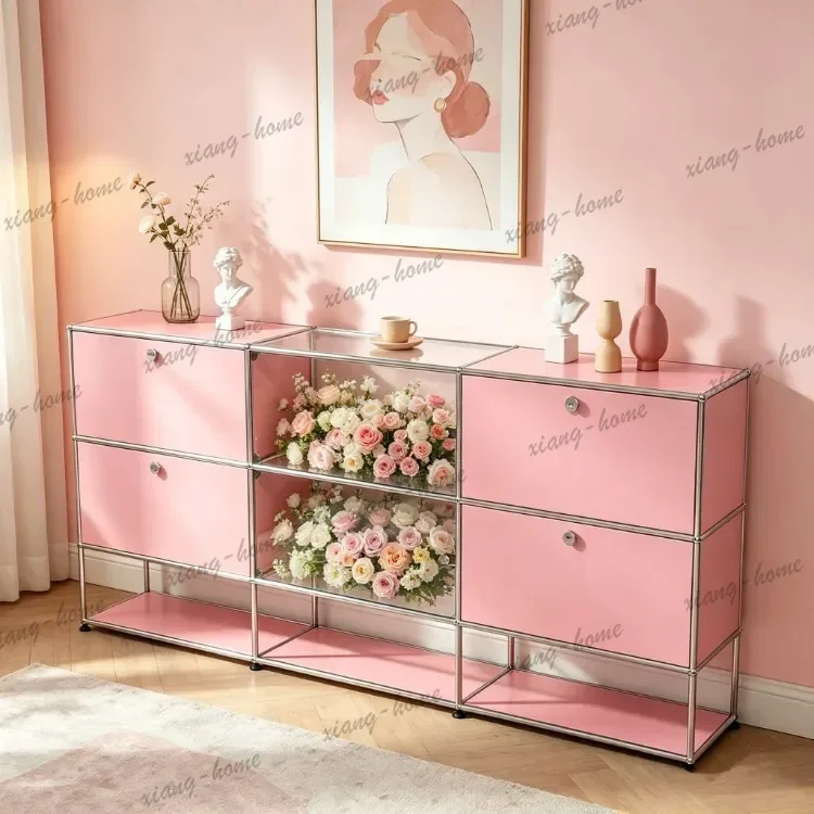 PG Vintage Module Living Room Glass Cabinet Simple Storage Wood Stainless Steel Module Combination Display Cabinet Custom Pink