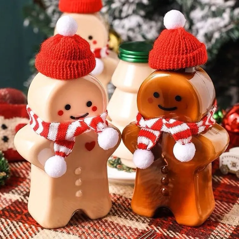 2-10PC Christmas Gingerbread Man Candy Jar Sealed Plastic Juice Drink Bottle Xmas Party New Year Gingerbread Man Drink Container