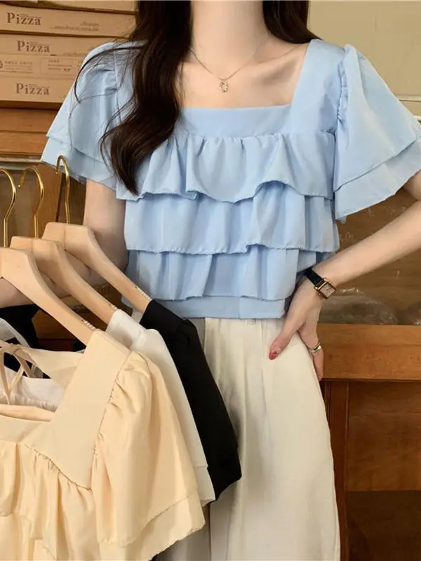 

Korean Style Summer New Sweet Square Collar Short Sleeve Shirt Women's Short Beautiful Small Top Fashion Commute Loose Fit