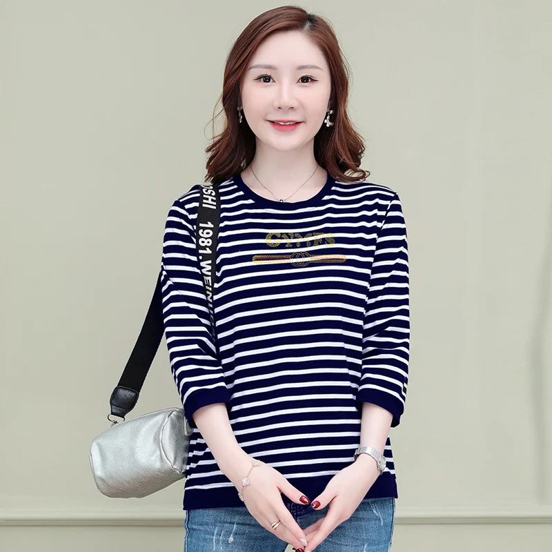 

AliExpress 2025 spring and summer new large-size middle-aged mother's 7-quarter sleeve T-shirt Korean loose striped slim top