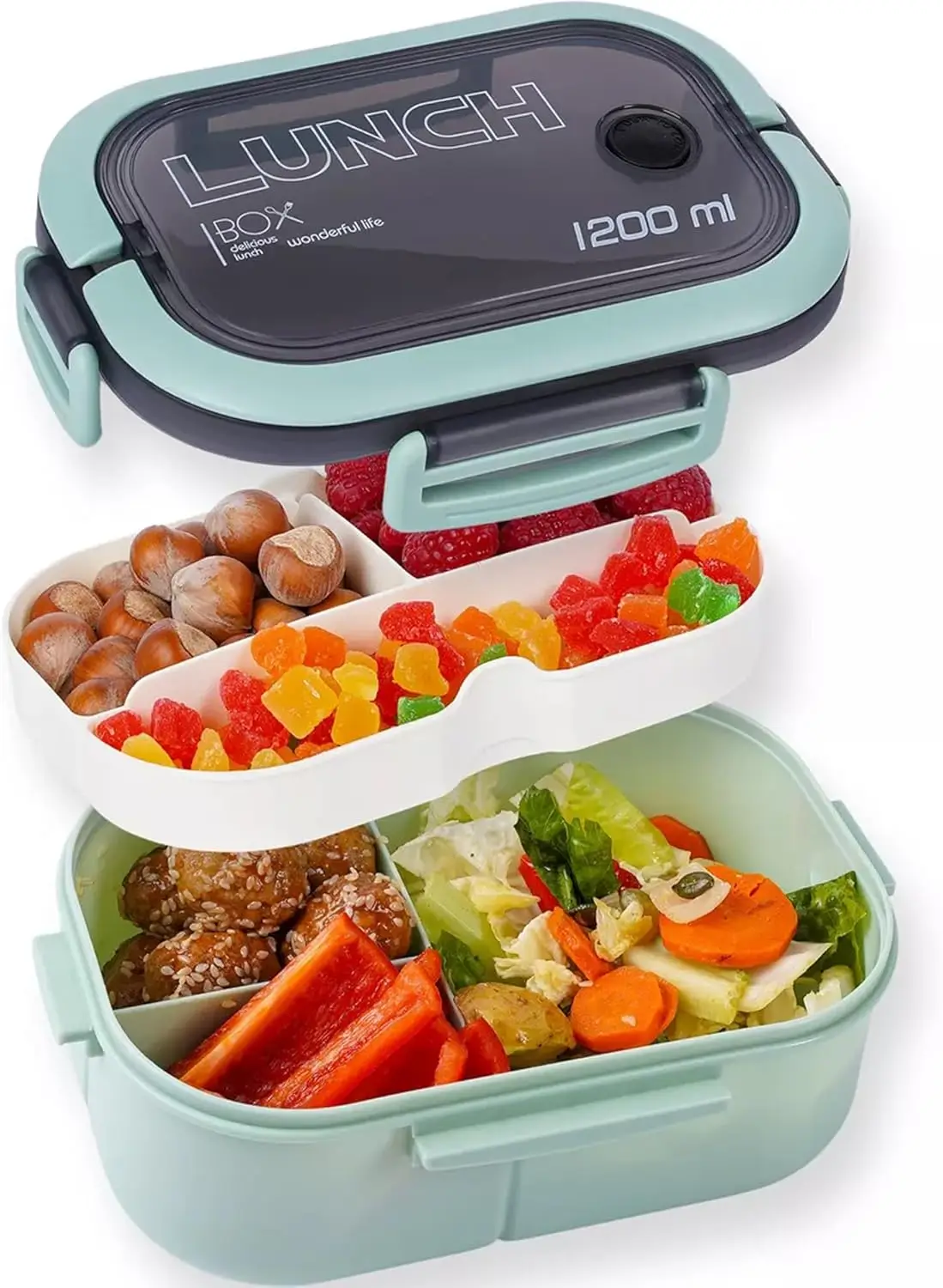 1200ML Leakproof Double Layer Lunch Box with Handle, Snack Box/Bento Box with Cutlery Set, BPA Free, Microwave/Dishwasher Safe