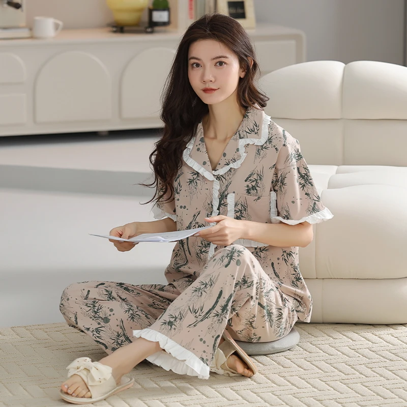 2024 Sleepwear Korean Pajamas Women Summer Print Pyjamas Short Sleeve Pijama Female Set Negligee Cardigan Suit Feminino Dropship