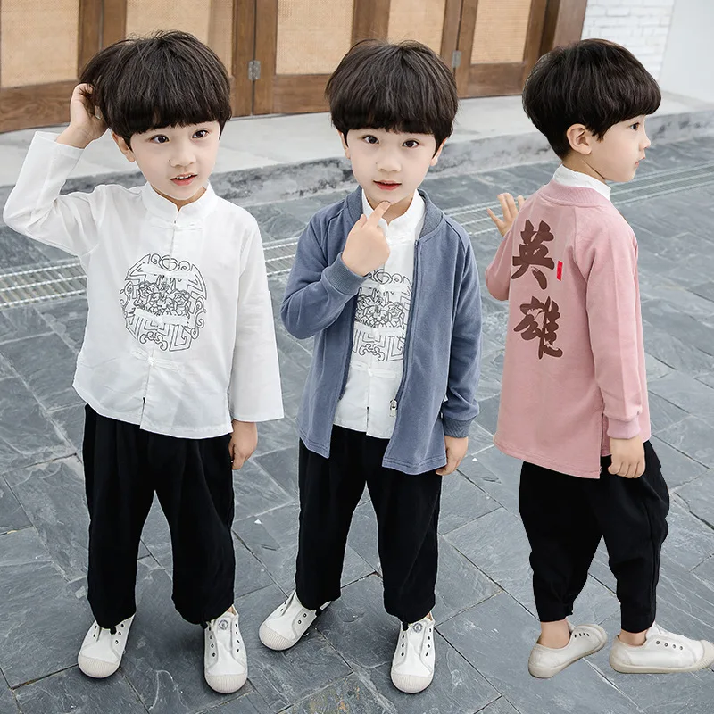 

Boys Autumn New Chinese Style Ancient Printing Tang Suit Traditional Vintage Button Kid Hanfu Three Piece Set Role Play Costume