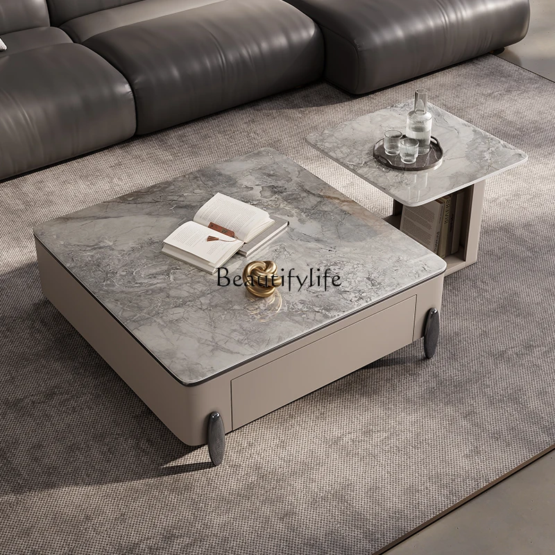 

5High-end minimalist luxury stone rock slab coffee table combination living room home light luxury square