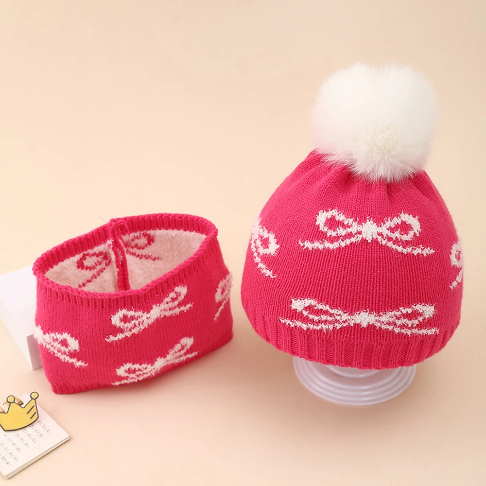 Gorro de invierno para bebé, conjunto de bufanda, gorros cálidos de felpa con lazo Jacquard, Beaines infantiles para niñas dulces para niños de 6 a 36 meses