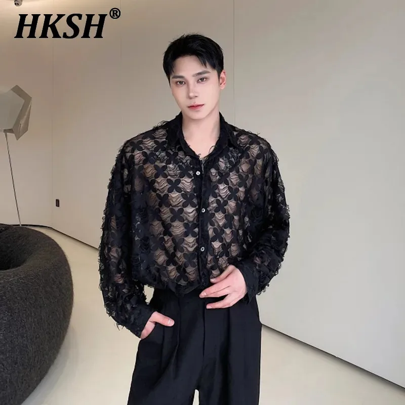 

HKSH Spring Summer Square Neckline Hollowed Out Long Sleeve Shirts Niche Personalized Petal Design Men's Tide Chic Shirt HK1017