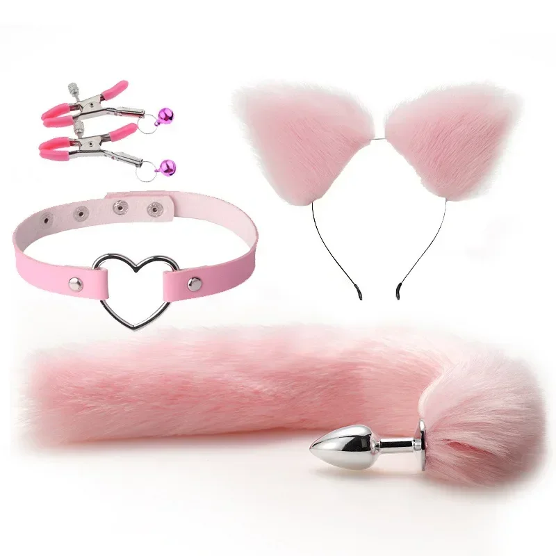 Cute Fox Tail Anal Plug Cat Ears Headbands Set Nipple Clip Neck Collar Erotic Cosplay Sex Toys for Women Butt Plug Adult Toys