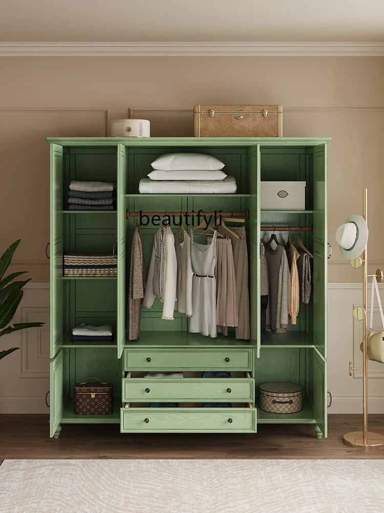 Green American Solid Wood Double-Door Four-Door Wardrobe Household Bedroom Ash Storage Cabinet Locker Wardrobe