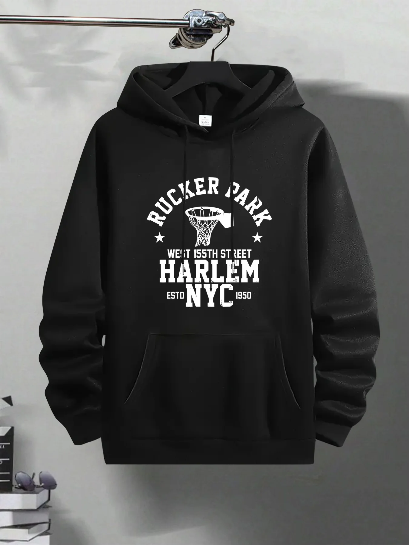 

Men's Navy blue geometric print hoodie designed by Rucker Park West 86th St. NYC, long-sleeved pull-out with pockets