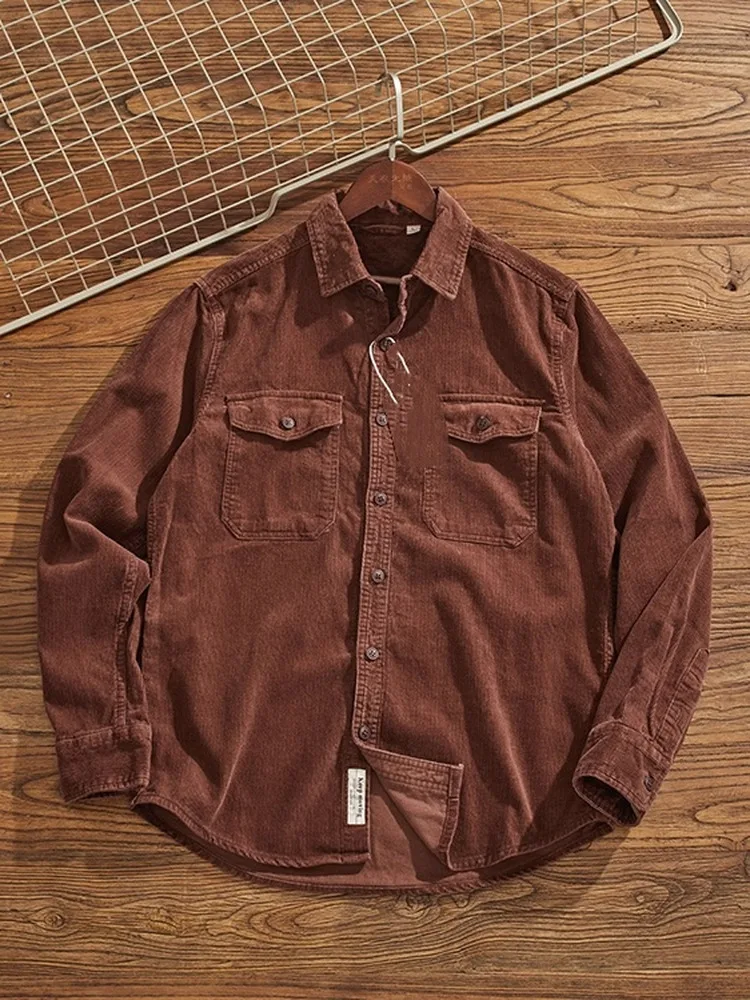 2025 New American Retro Corduroy Long Sleeve Shirt Men Loose Versatile Workwear Style Double Pocket Shirt Jacket for Youth