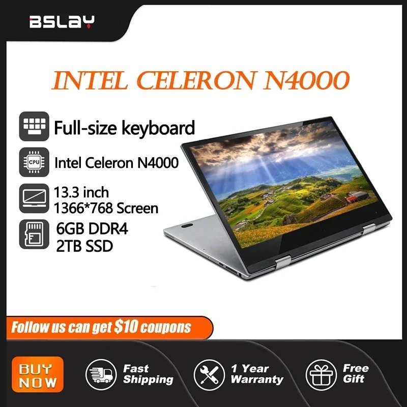 Ordinateur portable léger Intel Celeron N4000, 13.3 pouces, caméra HD flips 360 °, écrans tactiles, 6 Go de RAM, 2 To SSD, 4000 mAh, 2.6 GHz, tablette DDR4