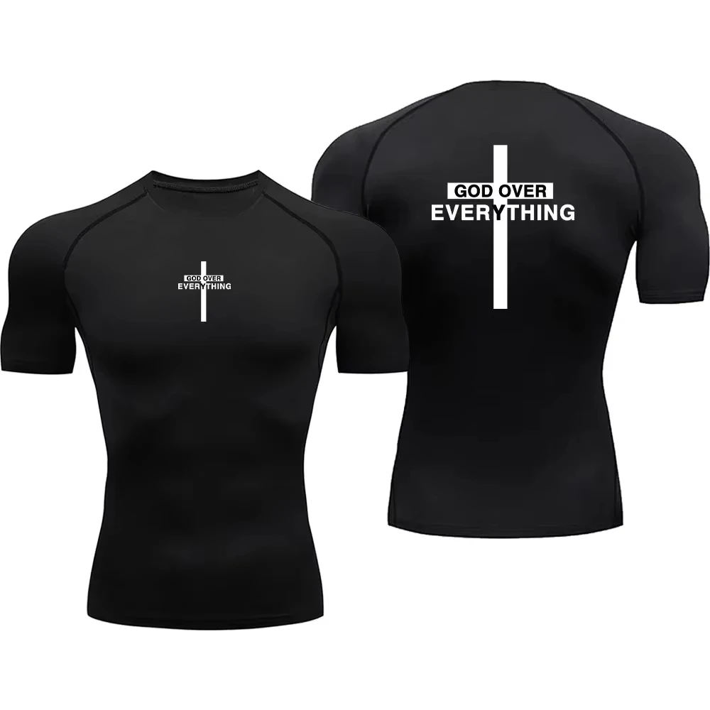 2026 Streetwear Cross Letter Print T-shirts Summer Tight Fitness Men's T Shirt Sportwear Breathable Y2K Top Compression Shirt