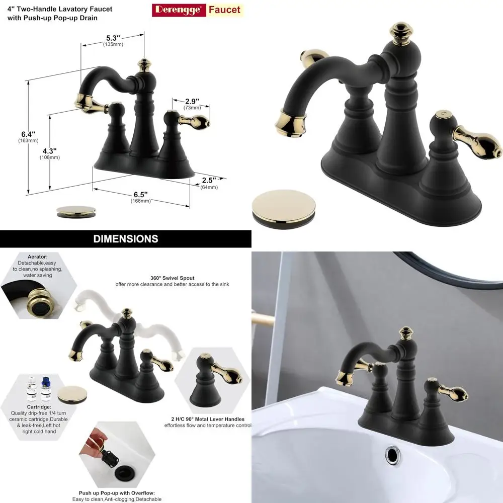 

Two Handle Matte Black Bathroom Sink Faucet with Polished Brass Trim, 3-Hole, Centerset, 360° Swivel Spout, Overflow Included