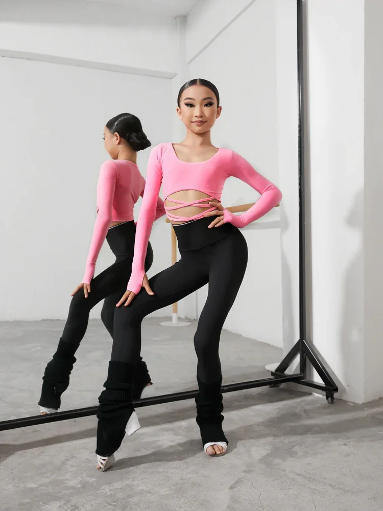Latin Dance Wear for Girls Black Pink Dance Tops Long Sleeves Cross Design Children ZYM Dancestyle Student\'s Mini Top Kids #2250