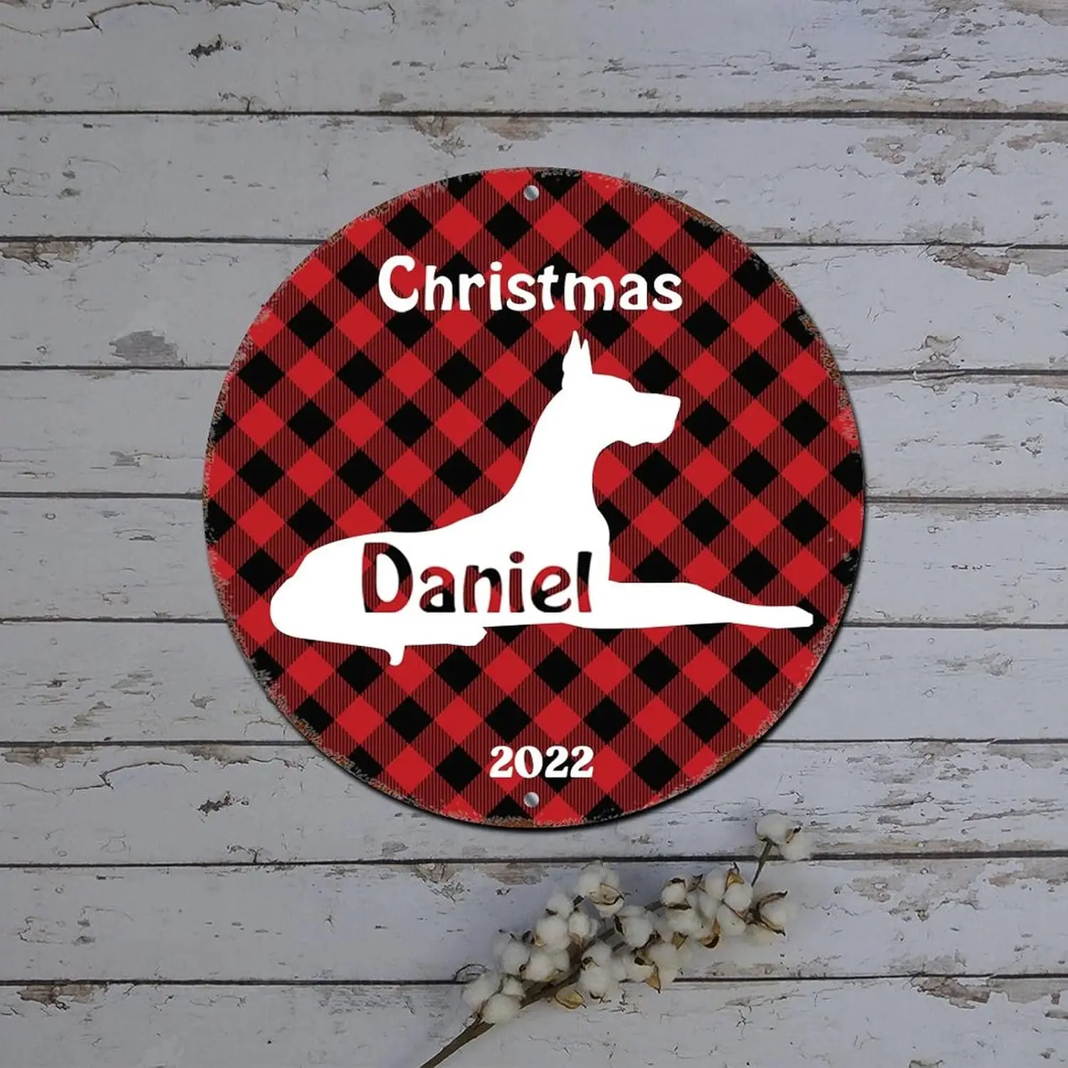 Christmas Red Truck Sign Custom Dog Name Buffalo Plaid Dog Lover Round Metal Tin Sign Christmas Decorations Wreath Vintage Alumi