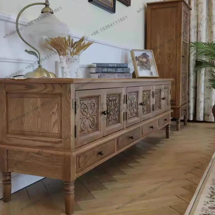 Customization American Solid Wood Carving Flower Retro Pastoral Style Living Room Storage Bed And Breakfast Long Cabinet