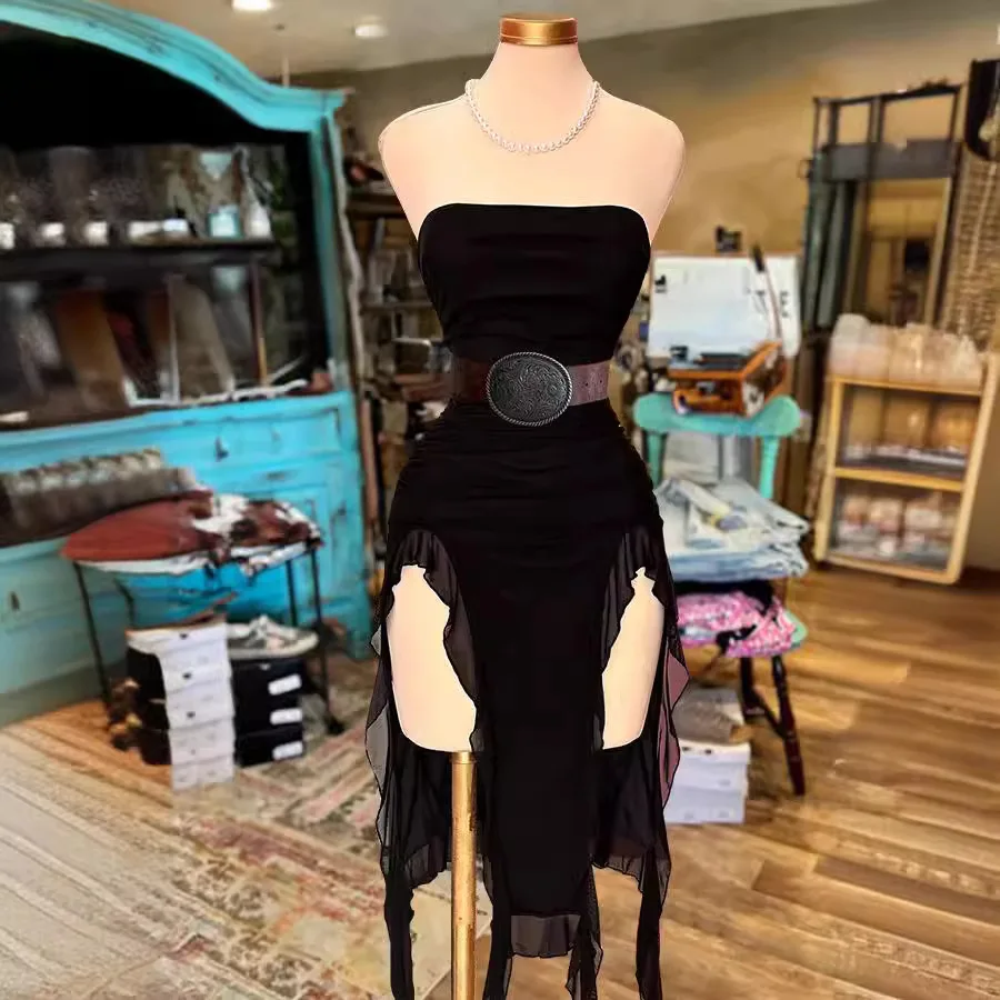 Tubo sem alças vestido longo verão feminino sexy sem mangas sem costas irregular em camadas babados borlas saia moda vestidos finos