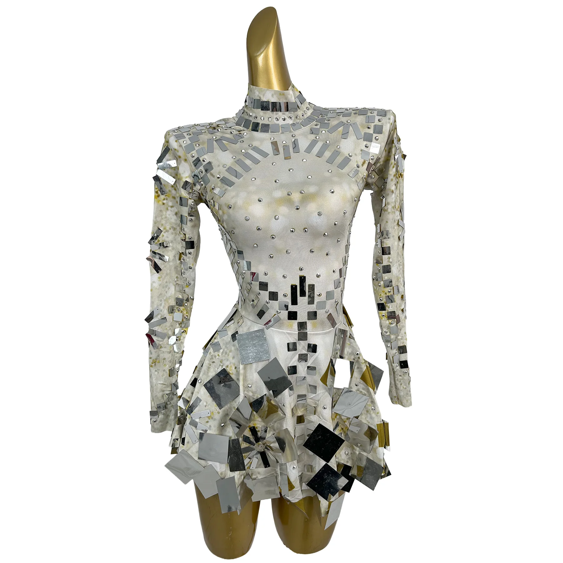 Qingzhu High Neck Long Sleeve Mesh Mini Dress Silver Mirror Patchwork Rhinestone Embellished Club Stage Performance Outfit