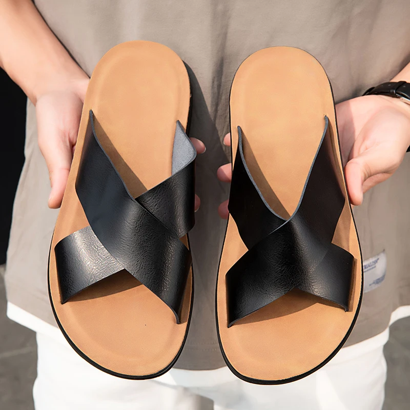 Men Leather Slippers Palm Cross Slides Casual Outdoor Summer Italian Designer Classic Brown Black 2023New Summer Casual Slippers