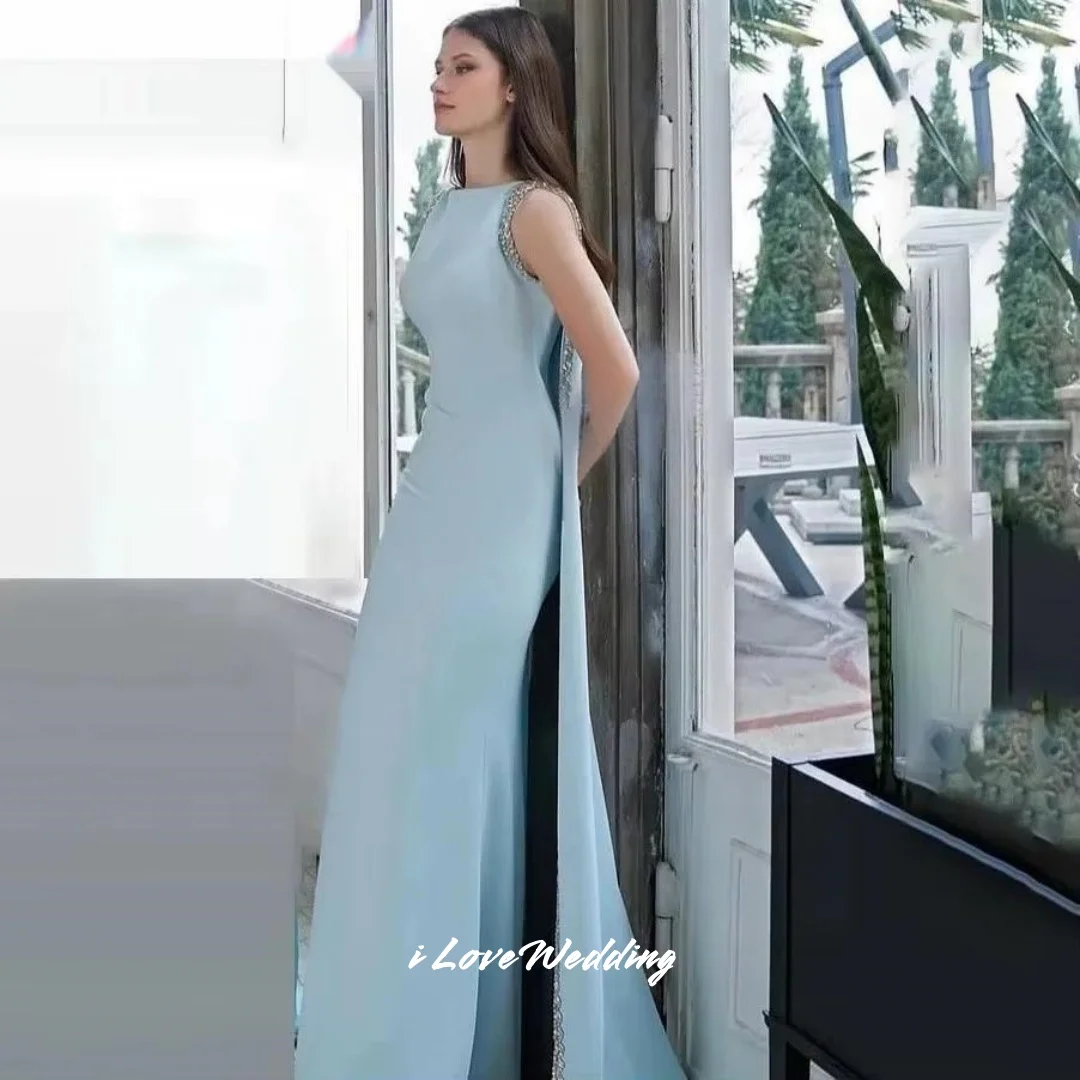 

Light Blue O-Neck Evening Dress 2025 Sleeveless Crystal Mermaid Saudi Srabic Pleat Floor-Length Wedding Party Dress Cust Omized