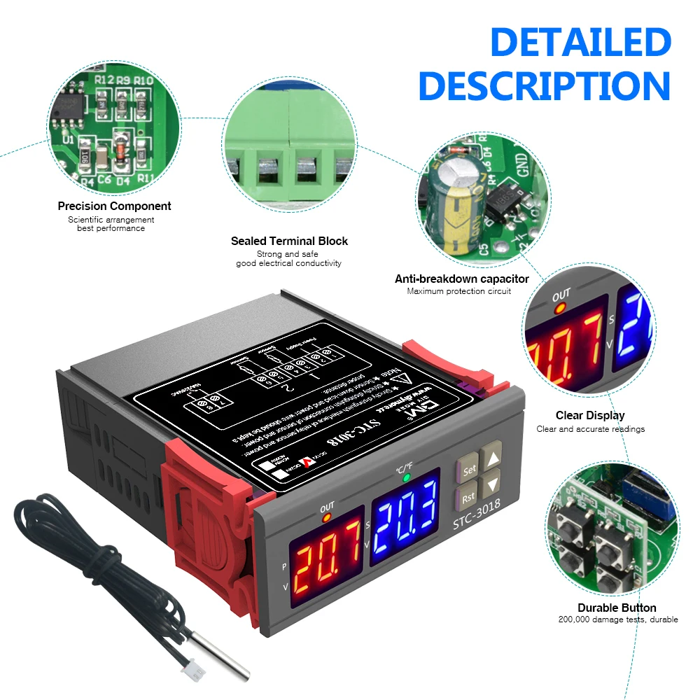 STC-3018 High Precision LED Digital Temperature Controller Dula Display Thermostat Thermoregulator Incubator 12V 24V 110V 220V