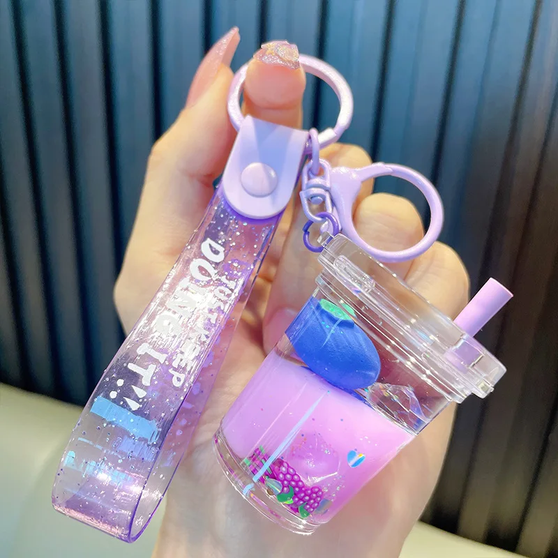 Cute Floating Blueberry Grape Ice Cube Fruit Milk Tea Cup Keychain Bag Accessory Heart Sequin Quicksand Apple Liquid Keyring Car