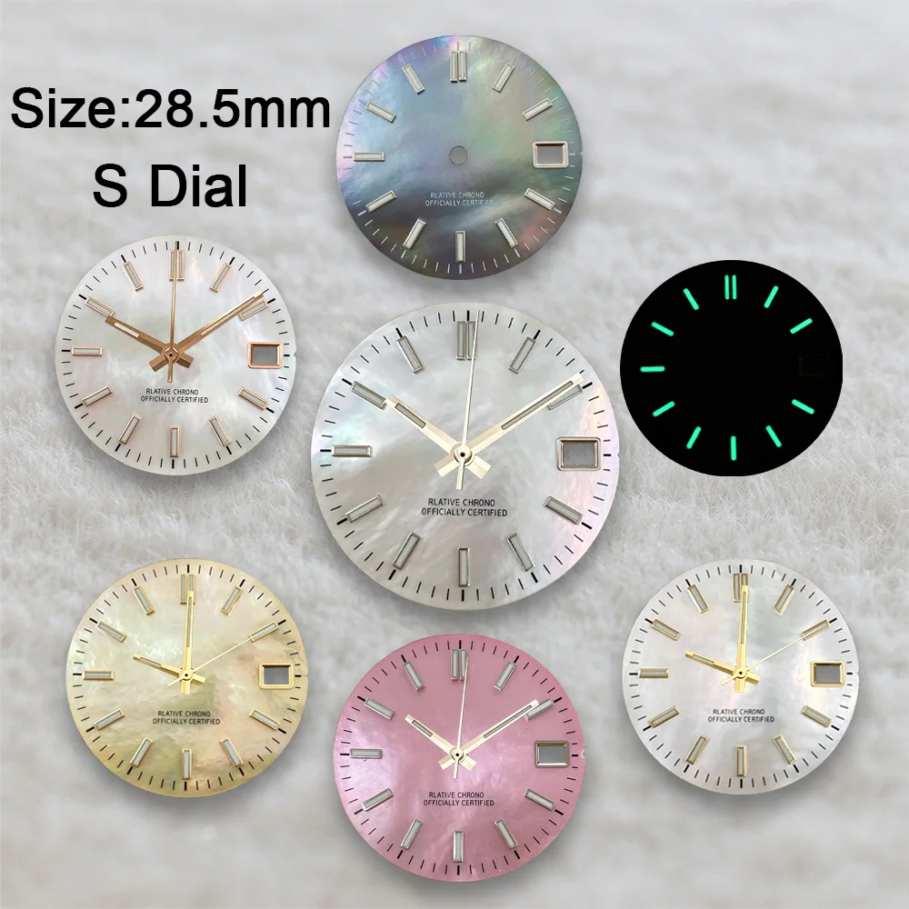 New 28.5mm S Logo NH35 Dial Logs Mother Pearl Dial Fit NH36 Movement Green Luminous Watch Modification Accessories Repair tools